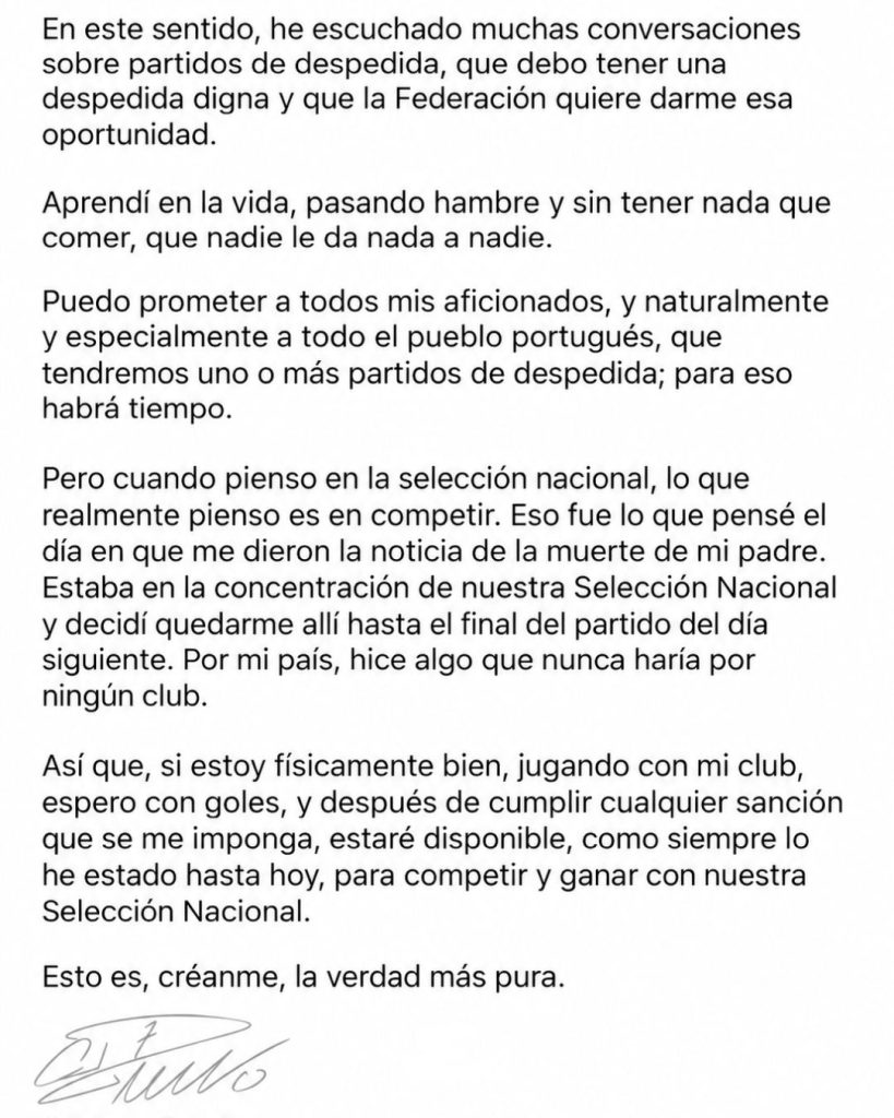 Traducción de la carta de Cristiano Ronaldo al español.